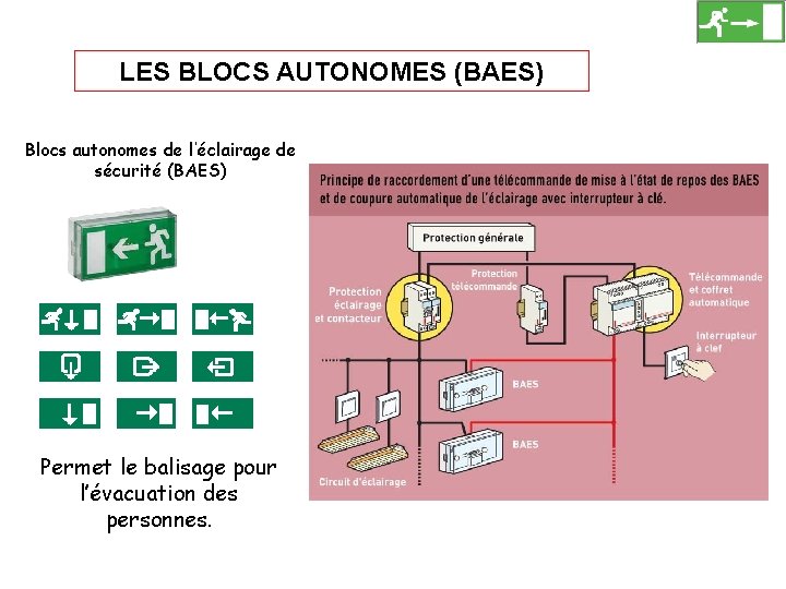 LES BLOCS AUTONOMES (BAES) Blocs autonomes de l'éclairage de sécurité (BAES) Permet le balisage