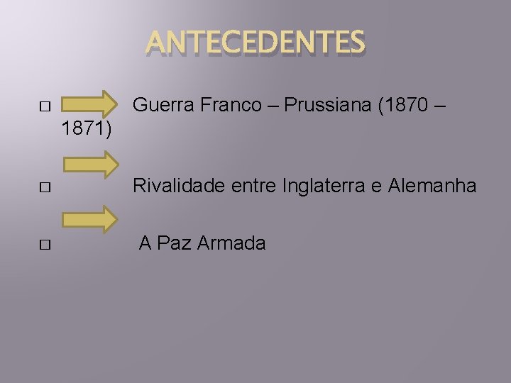 ANTECEDENTES Guerra Franco – Prussiana (1870 – � 1871) � � Rivalidade entre Inglaterra