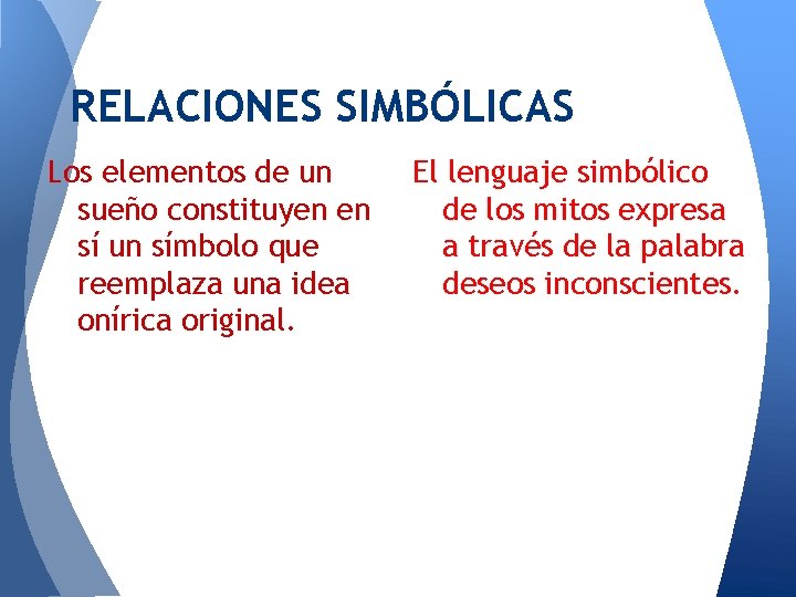 RELACIONES SIMBÓLICAS Los elementos de un sueño constituyen en sí un símbolo que reemplaza