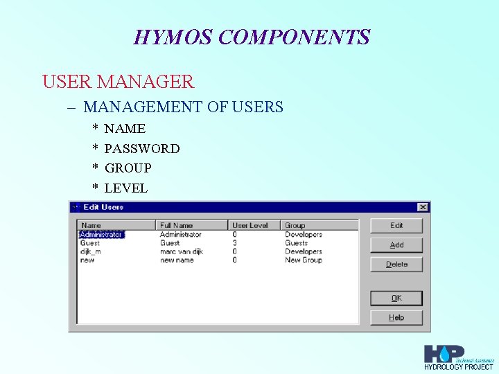 HYMOS COMPONENTS USER MANAGER – MANAGEMENT OF USERS * * NAME PASSWORD GROUP LEVEL