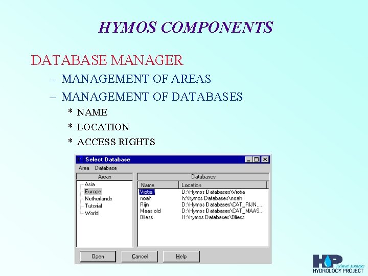 HYMOS COMPONENTS DATABASE MANAGER – MANAGEMENT OF AREAS – MANAGEMENT OF DATABASES * NAME