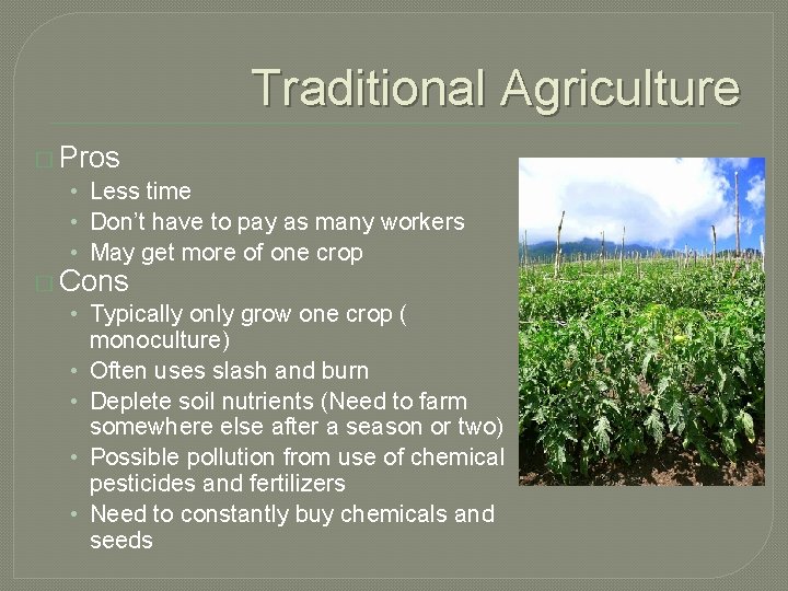 Traditional Agriculture � Pros • Less time • Don’t have to pay as many