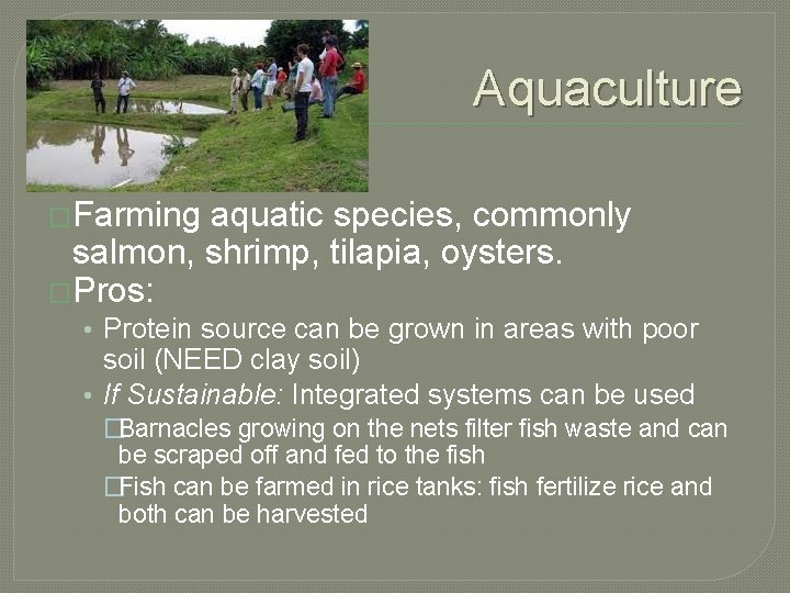 Aquaculture �Farming aquatic species, commonly salmon, shrimp, tilapia, oysters. �Pros: • Protein source can