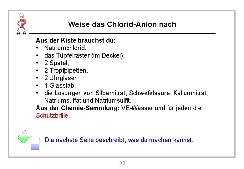 Weise das Chlorid-Anion nach Aus der Kiste brauchst du: • Natriumchlorid, • das Tüpfelraster