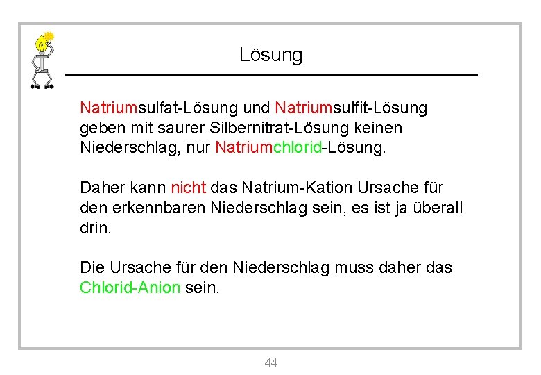 Lösung Natriumsulfat-Lösung und Natriumsulfit-Lösung geben mit saurer Silbernitrat-Lösung keinen Niederschlag, nur Natriumchlorid-Lösung. Daher kann