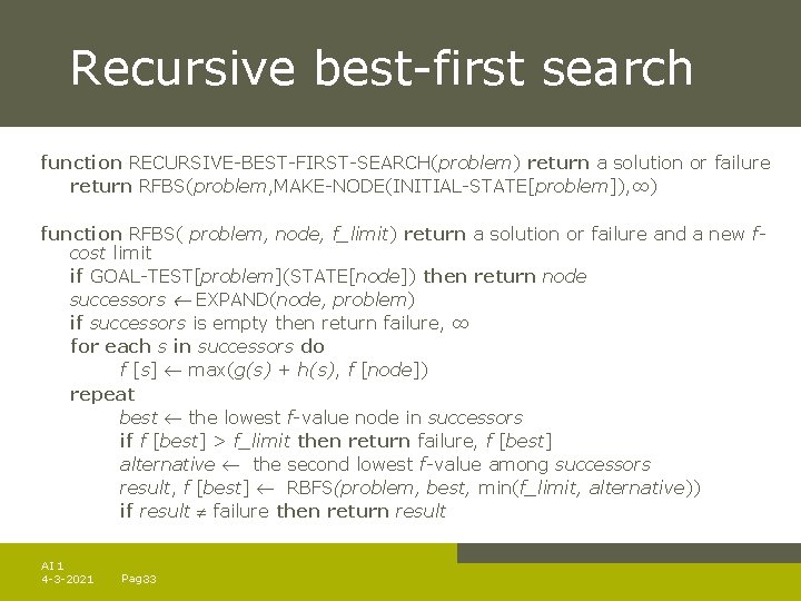 Recursive best-first search function RECURSIVE-BEST-FIRST-SEARCH(problem) return a solution or failure return RFBS(problem, MAKE-NODE(INITIAL-STATE[problem]), ∞)