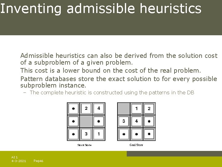 Inventing admissible heuristics Admissible heuristics can also be derived from the solution cost of