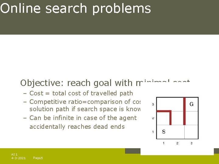 Online search problems Objective: reach goal with minimal cost – Cost = total cost