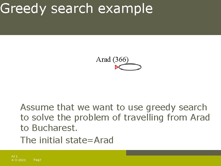 Greedy search example Arad (366) Assume that we want to use greedy search to