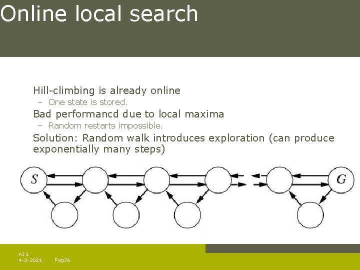 Online local search Hill-climbing is already online – One state is stored. Bad performancd