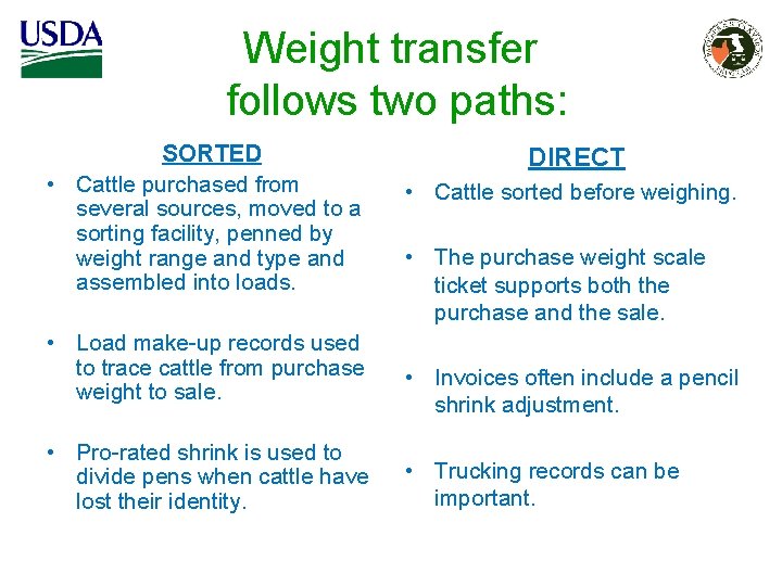 Weight transfer follows two paths: SORTED • Cattle purchased from several sources, moved to