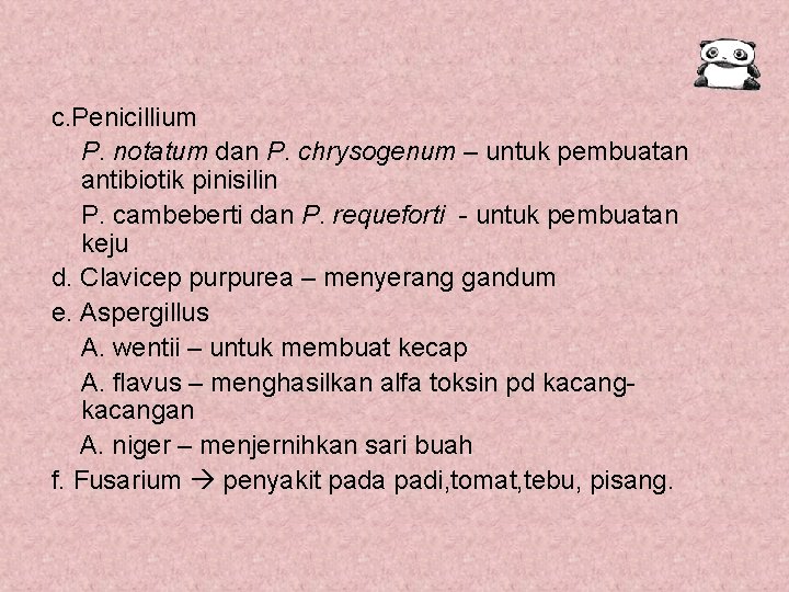 c. Penicillium P. notatum dan P. chrysogenum – untuk pembuatan antibiotik pinisilin P. cambeberti