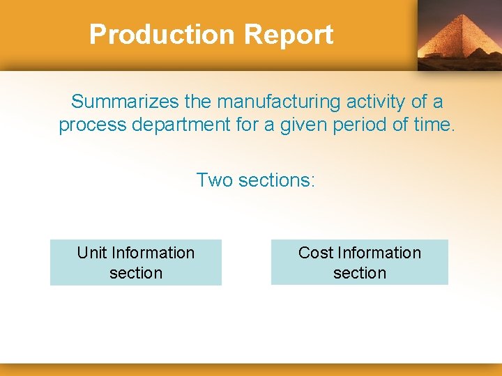 Production Report Summarizes the manufacturing activity of a process department for a given period