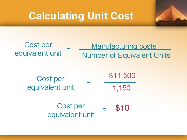 Calculating Unit Cost per = equivalent unit Cost per equivalent unit Manufacturing costs Number