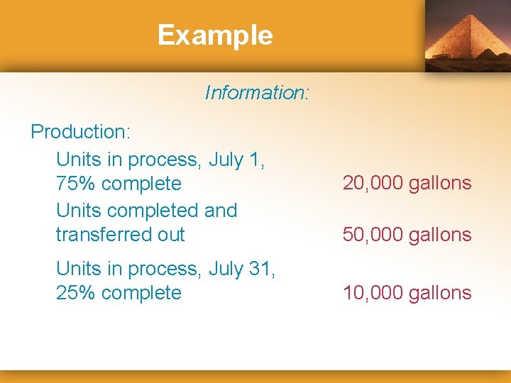 Example Information: Production: Units in process, July 1, 75% complete Units completed and transferred