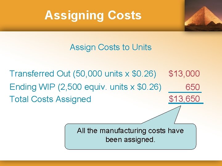 Assigning Costs Assign Costs to Units Transferred Out (50, 000 units x $0. 26)