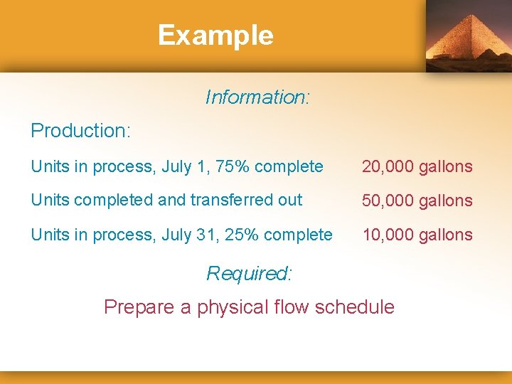 Example Information: Production: Units in process, July 1, 75% complete 20, 000 gallons Units