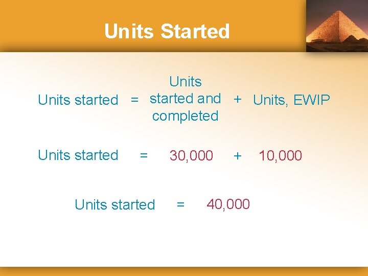 Units Started Units started = started and + Units, EWIP completed Units started =