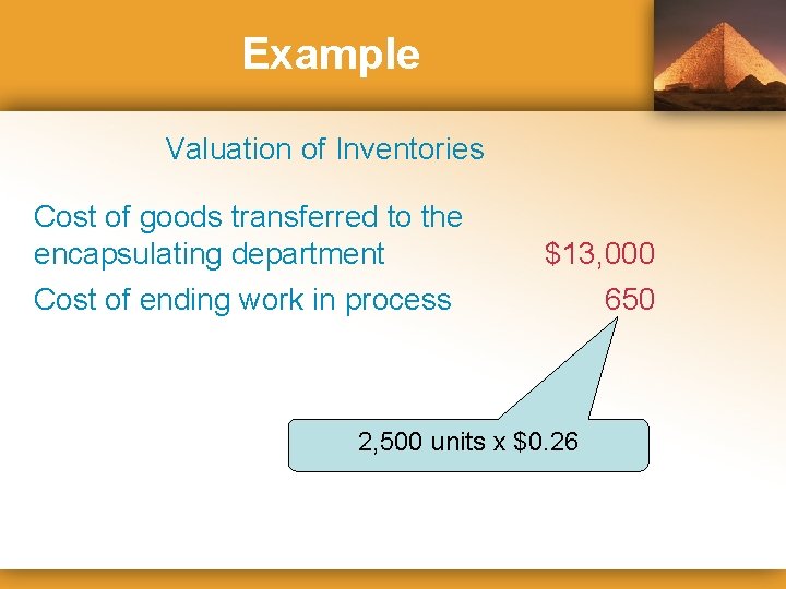 Example Valuation of Inventories Cost of goods transferred to the encapsulating department Cost of