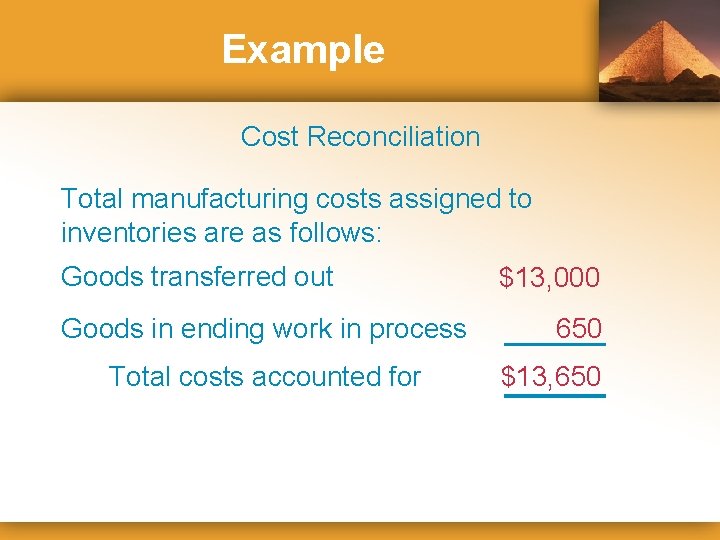 Example Cost Reconciliation Total manufacturing costs assigned to inventories are as follows: Goods transferred