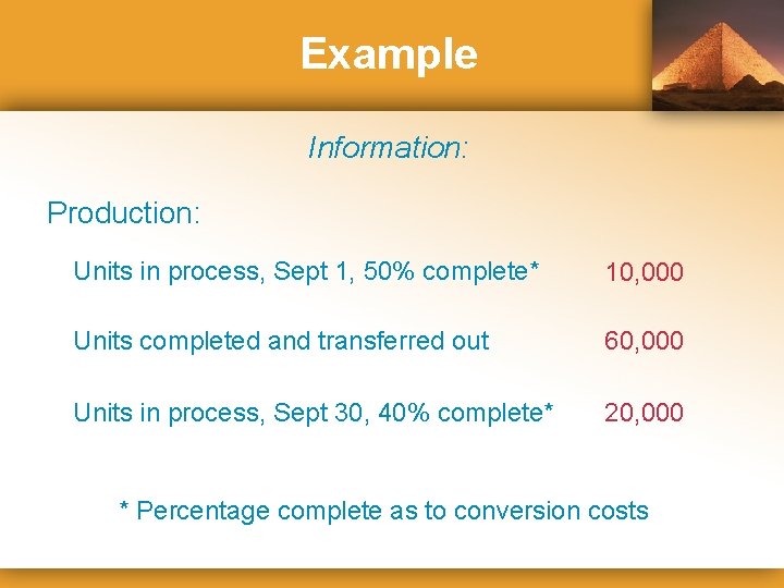 Example Information: Production: Units in process, Sept 1, 50% complete* 10, 000 Units completed