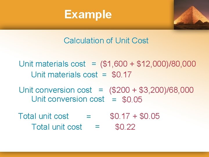 Example Calculation of Unit Cost Unit materials cost = ($1, 600 + $12, 000)/80,