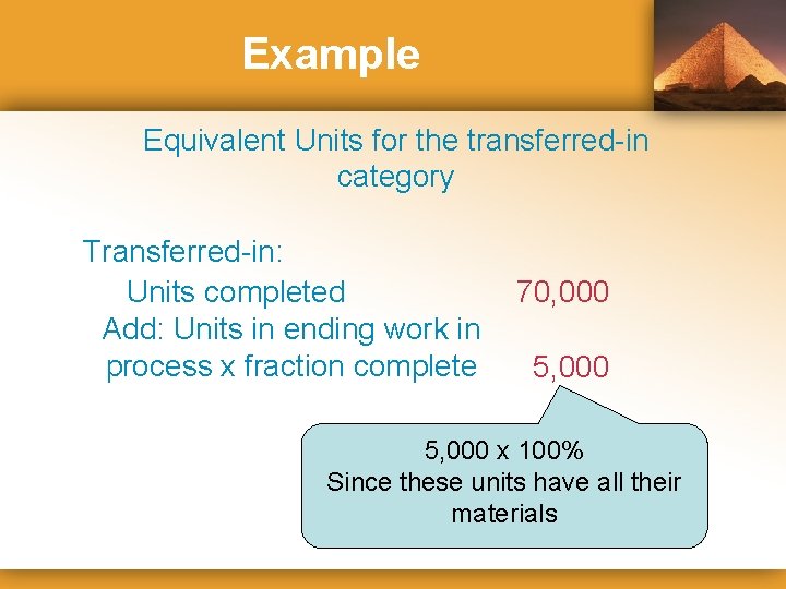 Example Equivalent Units for the transferred-in category Transferred-in: Units completed Add: Units in ending