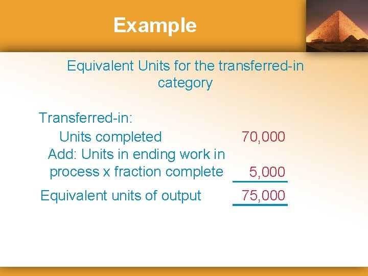 Example Equivalent Units for the transferred-in category Transferred-in: Units completed Add: Units in ending