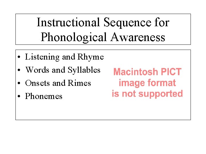Instructional Sequence for Phonological Awareness • • Listening and Rhyme Words and Syllables Onsets