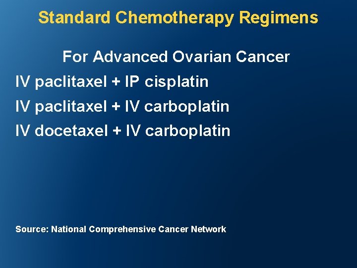 Standard Chemotherapy Regimens For Advanced Ovarian Cancer IV paclitaxel + IP cisplatin IV paclitaxel