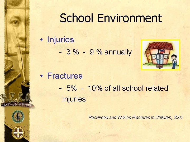 School Environment • Injuries - 3 % - 9 % annually • Fractures -