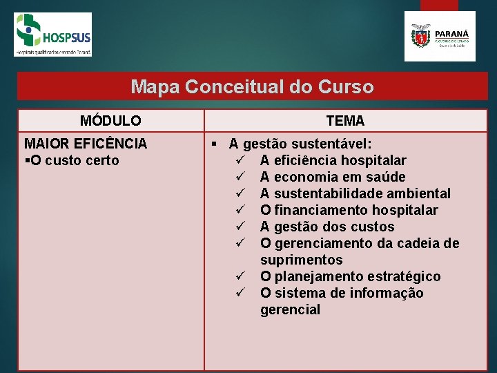 Mapa Conceitual do Curso MÓDULO MAIOR EFICÊNCIA §O custo certo TEMA § A gestão Mapa Conceitual do Curso MÓDULO MAIOR EFICÊNCIA §O custo certo TEMA § A gestão