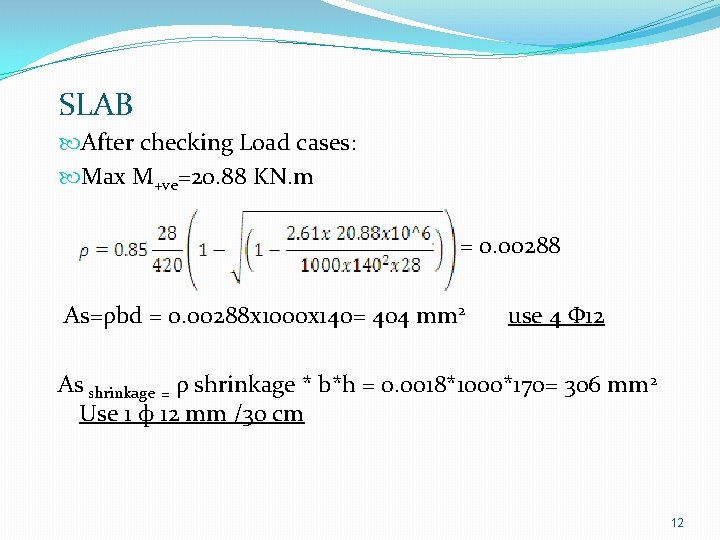  SLAB After checking Load cases: Max M+ve=20. 88 KN. m = 0. 00288