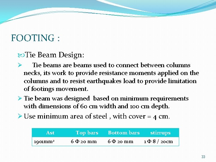 FOOTING : Tie Beam Design: Ø Tie beams are beams used to connect between