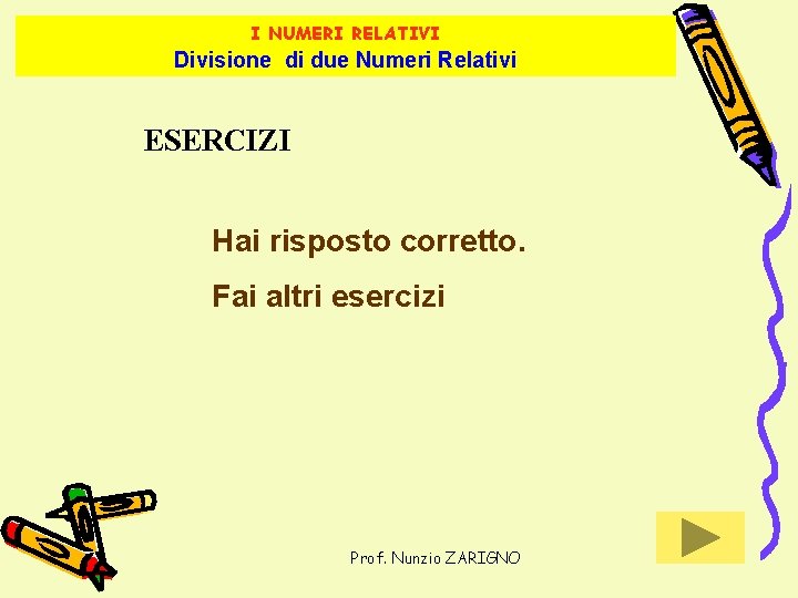 I NUMERI RELATIVI Divisione di due Numeri Relativi ESERCIZI Hai risposto corretto. Fai altri