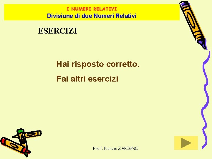 I NUMERI RELATIVI Divisione di due Numeri Relativi ESERCIZI Hai risposto corretto. Fai altri