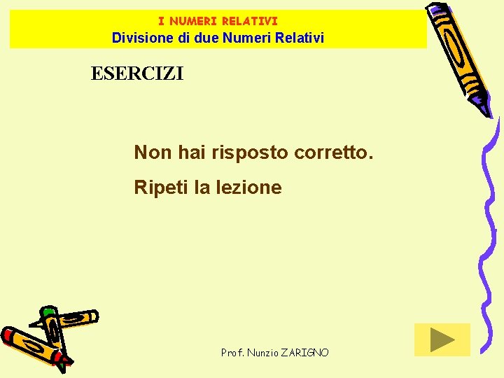 I NUMERI RELATIVI Divisione di due Numeri Relativi ESERCIZI Non hai risposto corretto. Ripeti