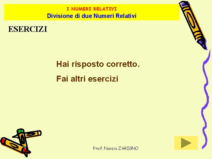 I NUMERI RELATIVI Divisione di due Numeri Relativi ESERCIZI Hai risposto corretto. Fai altri