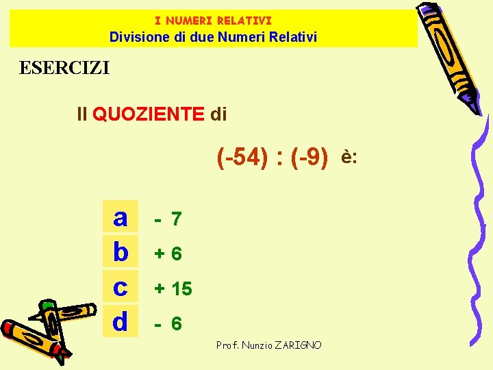 I NUMERI RELATIVI Divisione di due Numeri Relativi ESERCIZI Il QUOZIENTE di (-54) :