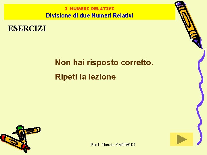 I NUMERI RELATIVI Divisione di due Numeri Relativi ESERCIZI Non hai risposto corretto. Ripeti