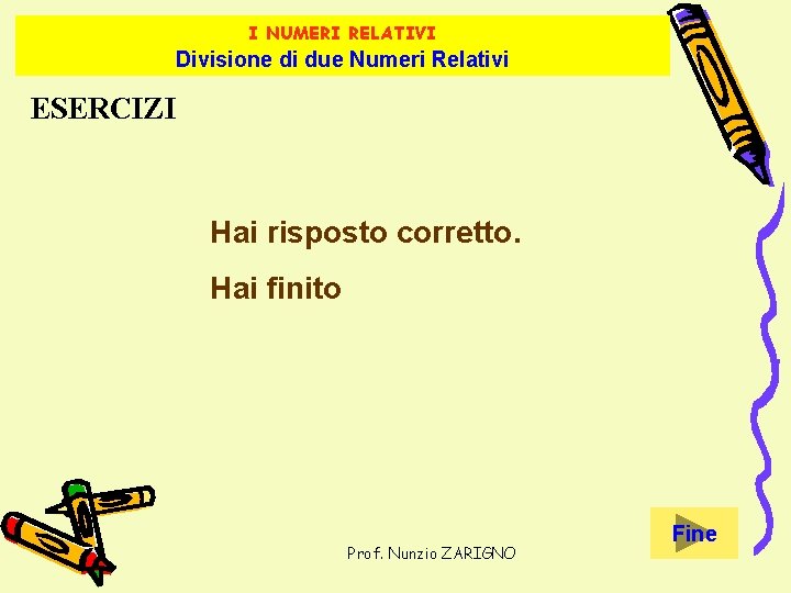 I NUMERI RELATIVI Divisione di due Numeri Relativi ESERCIZI Hai risposto corretto. Hai finito