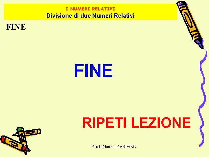 I NUMERI RELATIVI Divisione di due Numeri Relativi FINE RIPETI LEZIONE Prof. Nunzio ZARIGNO