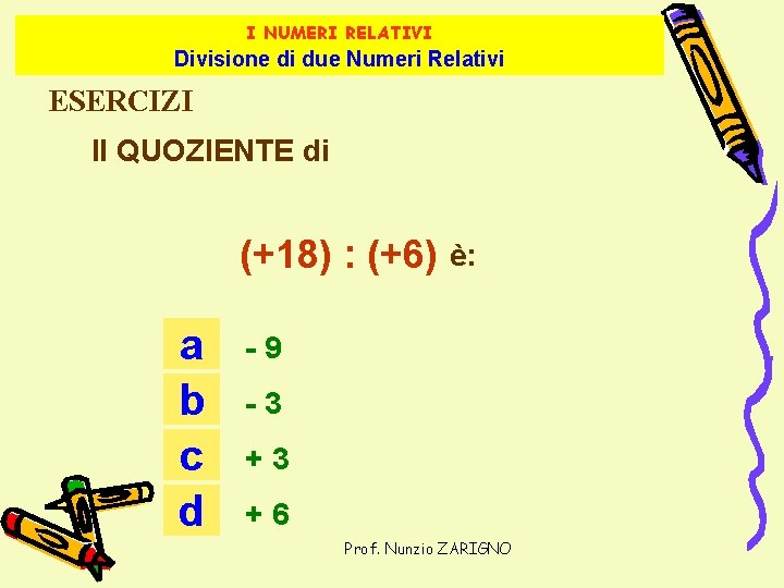 I NUMERI RELATIVI Divisione di due Numeri Relativi ESERCIZI Il QUOZIENTE di (+18) :