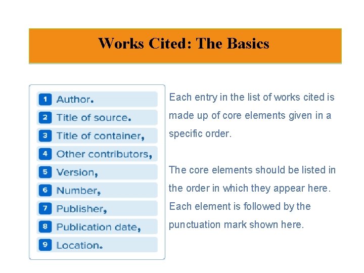 Works Cited: The Basics Each entry in the list of works cited is made