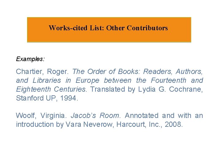 Works-cited List: Other Contributors Examples: Chartier, Roger. The Order of Books: Readers, Authors, and