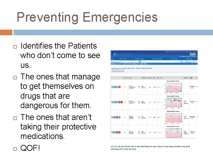 Preventing Emergencies Identifies the Patients who don’t come to see us. The ones that