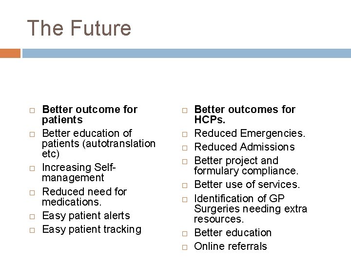 The Future Better outcome for patients Better education of patients (autotranslation etc) Increasing Selfmanagement