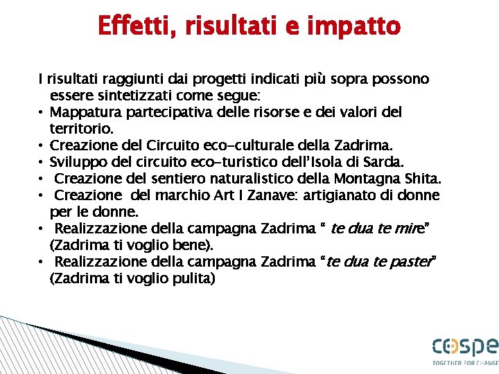 Effetti, risultati e impatto I risultati raggiunti dai progetti indicati più sopra possono essere