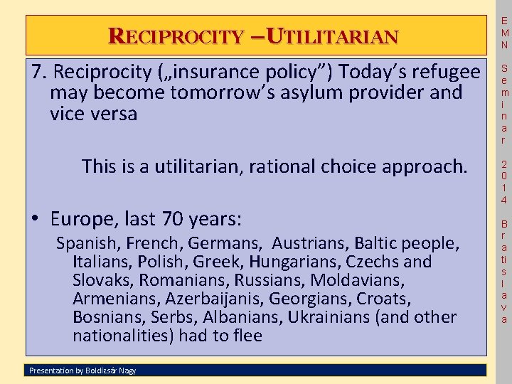 RECIPROCITY –UTILITARIAN 7. Reciprocity („insurance policy”) Today’s refugee may become tomorrow’s asylum provider and