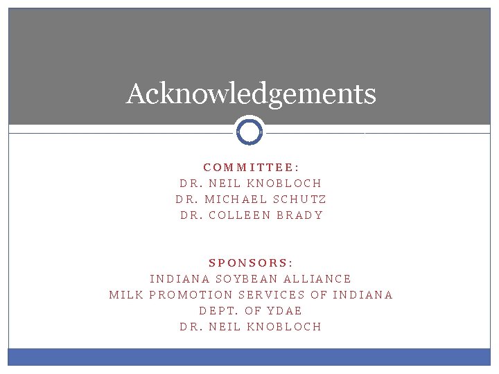 Acknowledgements COMMITTEE: DR. NEIL KNOBLOCH DR. MICHAEL SCHUTZ DR. COLLEEN BRADY SPONSORS: INDIANA SOYBEAN